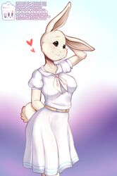  anthro arm_tuft ascot beastars blouse cheek_tuft clothing domestic_rabbit dwarf_rabbit elbow_tuft facial_tuft female fur gradient_background haru_(beastars) heart_symbol lagomorph leporid mammal moucchiato oryctolagus rabbit school_uniform simple_background smile solo topwear tuft uniform white_body white_fur wide_eyed 