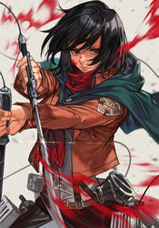  belt black_hair blood blood_on_face blood_splatter brown_jacket cloak dual_wielding female green_cloak holding hungry_clicker jacket mikasa_ackerman multiple_swords pants parted_lips red_scarf scarf shingeki_no_kyojin shirt short_hair solo survey_corps survey_corps_(emblem) sword three-dimensional_maneuver_gear weapon white_shirt 