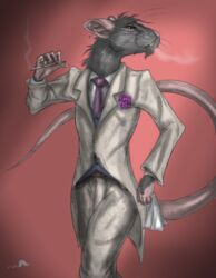  anthro black_body black_fur buckteeth cigarette clothed clothing conditional_dnp flower fur handkerchief kerchief male mammal murid murine necktie plant rat red_eyes ring ring_(jewelry) rodent smoking solo suit teeth whimsicalsquirrel whiskers 