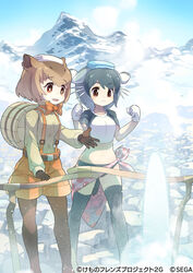  2girls akitsu_taira animal_ears baikal_seal_(kemono_friends) bikini bikini_bottom_only black_legwear black_shirt bow bowtie brown_eyes brown_gloves brown_legwear bucket capybara_(kemono_friends) capybara_girl clenched_hands crop_top extra_ears gloves grey_hair grey_sweater kemono_friends kemono_friends_3 kemono_friends_3:_planet_tours light_brown_hair long_sleeves midriff multicolored_hair multiple_girls navel official_art orange_bow orange_bowtie orange_shorts outdoors pantyhose shirt short_hair shorts suspender_shorts suspenders sweater swimsuit tail thighhighs towel towel_on_head turtleneck two-tone_hair two-tone_shirt white_gloves white_hair white_shirt zettai_ryouiki 