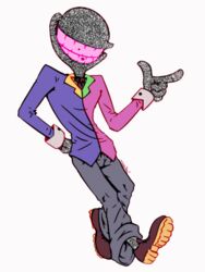  3:4 animated big_teeth black_tie_(suit) bottomwear brown_clothing brown_footwear brown_shoes clothing dreamer footwear grey_body grey_bottomwear grey_clothing grey_pants grey_skin humanoid jack_k_tv male necktie not_furry pants petrachoir shoes short_playtime smile solo static suit 