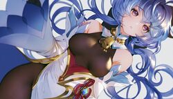  ahoge bare_shoulders bell black_gloves blue_hair bodystocking breasts cowbell detached_collar detached_sleeves dutch_angle female ganyu_(genshin_impact) genshin_impact gloves goat_horns gold_trim horns long_hair long_sleeves looking_at_viewer low_twintails medium_breasts nido_celisius parted_lips pelvic_curtain purple_eyes solo twintails very_long_hair wide_sleeves 