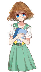  aozora_middle_school_uniform belt blue_eyes book brown_hair commentary female glasses green_skirt haru_(nature_life) highres ichinose_minori looking_at_viewer precure round_eyewear school_uniform serafuku shirt short_hair short_sleeves simple_background skirt solo standing tropical-rouge!_precure white_background white_shirt 