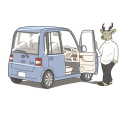  anthro antlers barefoot black_bottomwear black_clothing black_pants blue_car bottomwear brown_body brown_fur car clothing compact_car daihatsu_motors daihatsu_move_conte deer eyewear feet fur glasses hand_in_pocket heyitscousindave hi_res horn kakukaku_shikajika_(daihatsu_motors) male mammal mascot open_mouth pants pockets right_hand_drive shirt simple_background smile solo steering_wheel sweater teeth_showing toony_car topwear turtleneck vehicle white_background white_clothing white_shirt white_sweater white_topwear white_turtleneck 