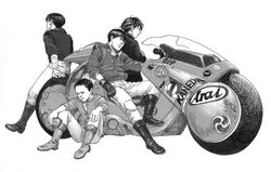  4boys 914kana akira_(manga) bad_id bad_pixiv_id biker_clothes boots gloves greyscale kai_(akira) kaneda_shoutarou&#039;s_bike kaneda_shoutarou_(akira) knee_pads monochrome motor_vehicle motorcycle multiple_boys shima_tetsuo yamagata_(akira) 