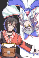  1boy alternate_color ascot black_hair bow choker color_switch commentary_request detached_sleeves female glasses grey_hair hair_ribbon hair_tubes hairbow hakurei_reimu long_sleeves morichika_rinnosuke nontraditional_miko open_mouth photoshop_(medium) red_eyes ribbon simple_background touhou tsukimi_(ryouiki_ridatsu) upside-down white_sleeves yellow_eyes 