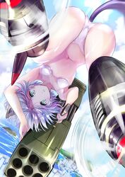  :o animal_ears ass bra breasts cat_ears cat_girl cat_tail cloud commentary_request day extra_ears female fliegerhammer green_eyes grey_hair gun highres holding holding_gun holding_weapon island multishot_rocket_launcher navel ocean ogata_tei outdoors panties rocket_launcher sanya_v._litvyak small_breasts solo strike_witches striker_unit tail underwear underwear_only upside-down water weapon white_bra white_panties world_witches_series 