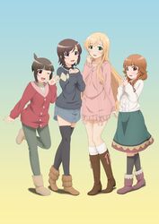  4girls absurdres blonde_hair brown_eyes brown_hair futsuu_no_joshikousei_ga_locodol_yattemita green_eyes high_heels highres interlocked_fingers kohinata_yukari long_hair mikoze_yui multiple_girls nazukari_mirai one_eye_closed purple_eyes simple_background skirt smile sweater thighhighs usami_nanako waving 