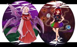  2girls barefoot chains clothes_writing collar commentary_request demon_wings earth_(ornament) hair_ornament hecatia_lapislazuli highres middle_finger moon_(ornament) multicolored_clothes multicolored_skirt multiple_girls muutzi purple_eyes red_eyes red_hair robe shinki_(touhou) skirt touhou touhou_(pc-98) white_hair wings 