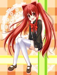  :d aloe_(quiz_magic_academy) commentary_request female highres long_hair looking_at_viewer mary_janes open_mouth quiz_magic_academy red_eyes red_hair school_uniform shoes sitting smile sogaya solo thighhighs twintails very_long_hair white_thighhighs zettai_ryouiki 