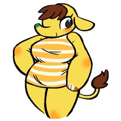  1:1 animal_crossing anthro blush bottomless breasts brown_hair clothed clothing elephant elephant_toe_hands elephantid eloise_(animal_crossing) female hair isomaru mammal nintendo proboscidean shirt short_stack simple_background solo topwear trunk white_background yellow_body yellow_skin 