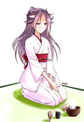  chasen commentary_request cup female hishaku japanese_clothes jun&#039;you_(kancolle) kantai_collection kimono long_hair mikage_takashi one-hour_drawing_challenge purple_eyes purple_hair seiza sitting solo spiked_hair tea_ceremony 