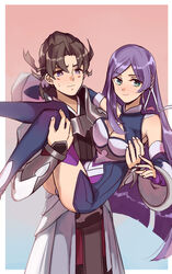  1boy bad_id bad_pixiv_id bare_shoulders blush brown_hair carrying cleavage_cutout clothing_cutout couple female garo:guren_no_tsuki garo_(series) green_eyes happy_new_year highres japanese_clothes liangchanxingmingrixiang long_hair new_year princess_carry purple_eyes purple_hair raikou_(garo:guren_no_tsuki) seimei_(garo:guren_no_tsuki) smile straight thighhighs 