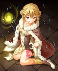  :p bio_lab brown_hair commentary_request double_bun female gloves hair_bun high_wizard_(ragnarok_online) highres holding kathryne_keyron kurohachiboku looking_at_viewer purple_eyes ragnarok_online sitting smile solo tongue tongue_out wand 