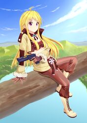  &gt;:( ahoge arm_support blonde_hair commentary_request female frown gun gunslinger_(ragnarok_online) handgun highres holding kurohachiboku long_hair looking_at_viewer midriff purple_eyes ragnarok_online sitting solo v-shaped_eyebrows weapon 