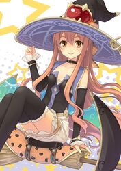  atelier_(series) atelier_shallie black_thighhighs blush broom brown_eyes choker collarbone commentary_request detached_sleeves female hand_on_headwear hat kuro_(chrono) long_hair looking_at_viewer pink_hair sitting smile solo star_(symbol) thighhighs very_long_hair wilbell_voll-ersleid witch_hat 