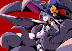  abigail_williams_(fate) abigail_williams_(third_ascension)_(fate) amazarash1 black_bow black_panties bow breasts commentary_request fate/grand_order fate_(series) female grey_hair hat highres keyhole licking_lips long_hair looking_to_the_side multiple_hat_bows navel orange_bow pale_skin panties pink_eyes riding small_breasts solo tentacle third_eye tongue tongue_out underwear witch_hat 