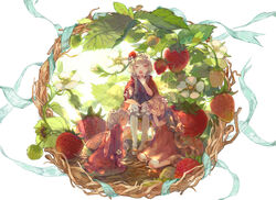  3girls blonde_hair bloomers book braid brown_eyes brown_hair capelet closed_eyes commentary_request dress fairy fairy_wings flower food fruit highres hood long_hair long_sleeves mini_person minigirl multiple_girls open_mouth original pantyhose revision short_hair silver_hair sitting sleepy smile strawberry striped_clothes striped_pantyhose thighhighs twin_braids underwear vertical-striped_clothes vertical-striped_pantyhose wakatsuki_(etoiles) white_background wings yawning 