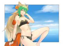  ahoge atalanta_(fate) atalanta_(formal_dress)_(fate) bikini blonde_hair blue_sky border bracelet breasts cloud commentary_request day detached_collar fate/apocrypha fate_(series) female flower green_eyes groin hair_flower hair_ornament hand_in_own_hair highres hikichi_sakuya jewelry long_hair looking_at_viewer multicolored_hair navel outside_border side-tie_bikini_bottom sky small_breasts smile spread_legs swimsuit thighs white_border 