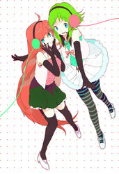  2girls aqua_eyes bad_id bad_pixiv_id black_thighhighs blue_legwear bukiyama elbow_gloves gloves green_hair gumi happy_synthesizer_(vocaloid) headphones headset long_hair megurine_luka multiple_girls pantyhose pink_hair short_hair skirt smile striped_clothes striped_pantyhose thighhighs vocaloid zettai_ryouiki 