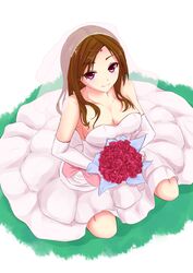  bouquet breasts brown_hair cleavage collarbone commentary_request dress elbow_gloves female flower from_above gloves hair_ornament hairclip highres holding kurohachiboku large_breasts long_hair looking_at_viewer original purple_eyes sitting smile solo veil wedding_dress 