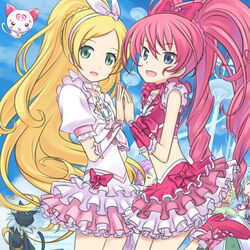  2girls 3boys :d baritone_(suite_precure) bassdrum beard blonde_hair blue_eyes blue_hair bow buntan choker closed_eyes commentary_request cure_melody cure_rhythm dress facial_hair falsetto_(suite_precure) feline frills green_eyes green_facial_hair green_hair hair_ornament holding_hands houjou_hibiki hummy_(suite_precure) long_hair magical_girl midriff minamino_kanade multiple_boys multiple_girls open_mouth pink_bow pink_choker pink_hair pink_wrist_cuffs precure purple_hair seiren_(suite_precure) skirt smile standing standing_on_one_leg suite_precure twintails white_choker wrist_cuffs yellow_eyes 