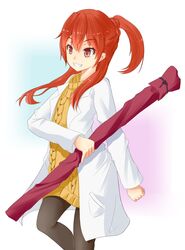  aran_sweater black_pantyhose cable_knit casual commentary_request female grin highres holding kurohachiboku lab_coat long_hair oerba_yun_fang pantyhose ponytail red_eyes red_hair sasami-san@ganbaranai smile solo sweater weapon_bag yagami_tsurugi 