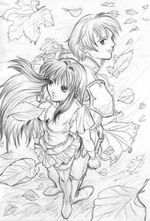  back-to-back boots breasts brother_and_sister cleavage earrings eirika ephraim fire_emblem fire_emblem:_seima_no_kouseki fire_emblem_sacred_stones gloves hand_holding jewelry leaf leaves long_hair looking_back monochrome prince princess short_hair siblings skirt smile thigh_boots thighhighs wind windy 