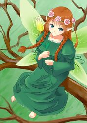  barefoot blue_eyes braid branch brown_hair commentary_request dress fairy_wings female flower green_dress green_wings head_wreath highres kurohachiboku long_hair looking_at_viewer mavka pointy_ears ragnarok_online sitting solo twin_braids wings 