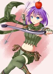  apple_on_head arrow_(projectile) arrow_through_apple blue_eyes bow_(weapon) commentary_request elbow_gloves female fingerless_gloves gloves highres holding kurohachiboku looking_at_viewer navel parted_lips purple_hair ragnarok_online ranger_(ragnarok_online) scarf short_hair solo weapon 