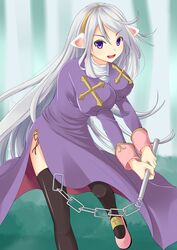  :d black_thighhighs commentary_request dress female flail highres holding kurohachiboku long_hair looking_at_viewer open_mouth panties priest_(ragnarok_online) purple_dress purple_eyes ragnarok_online side-tie_panties smile solo thighhighs underwear v-shaped_eyebrows weapon white_hair 