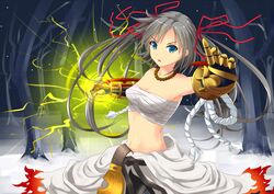  bandages blue_eyes bow clenched_hand commentary_request female grey_hair hair_ribbon hairbow kurohachiboku long_hair looking_at_viewer navel ragnarok_online ribbon sarashi solo sura_(ragnarok_online) twintails 