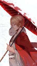  japanese_clothes male natsume_takashi natsume_yuujinchou neko nyanko squidsmith umbrella 