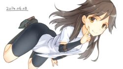  2014 arashio_(kancolle) ass bike_shorts brown_eyes brown_hair commentary_request female finger_to_cheek highres kantai_collection long_hair no_pants pleated_skirt school_uniform shirt skirt smile solo suspenders urepito_honke 