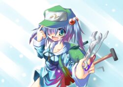  allen_wrench backpack bag blue_eyes blue_hair blush combination_wrench commentary_request female foreshortening hair_bobbles hair_ornament hair_over_one_eye hammer hand_on_headwear hat highres kawashiro_nitori key open_mouth screwdriver short_hair smile solo touhou two_side_up wrench yuuji_(itadon) 