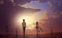  3boys 4girls arms_up artist_name cloud cloudy_sky commentary_request from_behind goke_shike_(altamira05) hand_in_pocket horizon light_rays long_hair looking_up multiple_boys multiple_girls original outstretched_arms photoshop_(medium) ponytail scenery school_uniform serafuku short_hair sky squatting sunlight sunset umbrella walking 