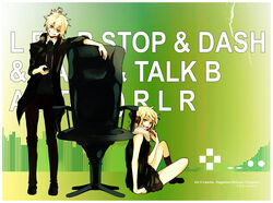  1boy blonde_hair chair commentary_request controller famicom female formal game_console game_controller gamepad hair_ornament hairclip headphones headphones_around_neck kagamine_len kagamine_rin lancha necktie photoshop_(medium) remote_control remote_control_(vocaloid) short_hair suit vocaloid 