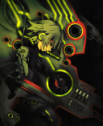  1boy amputee aqua_eyes bad_id bad_pixiv_id beatmania_iidx cyborg green_hair headphones kimera male_focus photoshop_(medium) solo soundboard turntable 