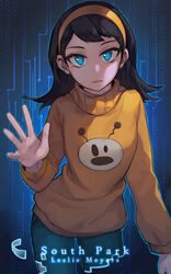  8c animification black_hair blue_eyes character_name copyright_name female hairband leslie_meyers looking_at_viewer photoshop_(medium) short_hair solo south_park sweater yellow_sweater 