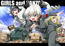  6+girls anchovy_(girls_und_panzer) anzio_military_uniform bad_id bad_pixiv_id belt black_eyes black_hair black_shirt blonde_hair braid carpaccio_(girls_und_panzer) carro_armato_p40 carro_veloce_cv-33 cloud cloudy_sky commentary copyright_name day dress_shirt drill_hair girls_und_panzer green_eyes green_hair grey_jacket grey_pants hair_ribbon helmet holding holding_riding_crop jacket kurose_kousuke long_hair long_sleeves military military_uniform military_vehicle motor_vehicle multiple_girls necktie open_mouth outdoors pants pepperoni_(girls_und_panzer) ribbon riding_crop running sam_browne_belt semovente_75/18 shirt short_hair skirt sky smile tank twin_drills twintails uniform 