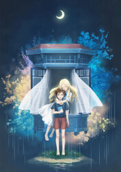  2girls anna_(omoide_no_marnie) bare_legs barefoot blonde_hair book branch brown_hair casual closed_eyes commentary_request crescent_moon curtains dress drill_hair floating full_body highres holding hug hug_from_behind leaf light_smile marnie_(omoide_no_marnie) mike_(mee627mee) moon multiple_girls omoide_no_marnie photoshop_(medium) plant short_hair shorts standing very_short_hair vines white_dress window 