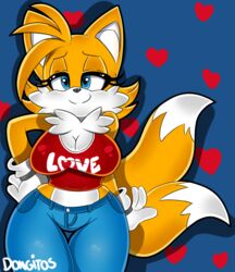  anthro big_breasts black_nose blue_eyes bottomwear breasts canid canine cleavage clothed clothing denim denim_bottomwear denim_clothing dipstick_tail dongitos female fox fur gloves half-closed_eyes handwear heart_symbol jeans looking_at_viewer mammal markings midriff mtf_crossgender multicolored_tail narrowed_eyes pants rule_63 sega smile solo sonic_the_hedgehog_(series) tail tail_markings tails white_body white_fur wide_hipped_female wide_hips yellow_body yellow_fur 