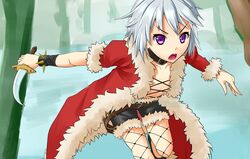  :o bent_over collar commentary_request female fishnet_pantyhose fishnets grey_hair highres holding knife kurohachiboku looking_at_viewer open_mouth pantyhose purple_eyes ragnarok_online rogue_(ragnarok_online) short_hair solo v-shaped_eyebrows 