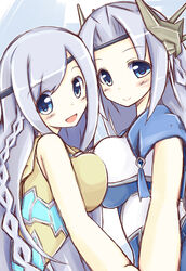  2girls blue_eyes blush braid breast_press breasts commentary_request dress duel_monster grey_hair headband large_breasts long_hair looking_at_viewer maiden_with_eyes_of_blue multiple_girls nanashino_(nanasino101) photoshop_(medium) priestess_with_eyes_of_blue smile symmetrical_docking very_long_hair white_hair yu-gi-oh! yu-gi-oh!_duel_monsters 