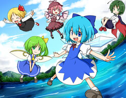  5girls :d ^_^ animal_ears antennae bad_id bad_pixiv_id blue_hair blush_stickers bow cape cirno closed_eyes cloud daiyousei day fairy floating frills gimicalmas green_eyes green_hair hairbow happy hat lake lolicon mary_janes mountain multiple_girls mystia_lorelei open_mouth outdoors outstretched_arms pink_hair red_eyes rumia shoes short_hair side_ponytail sky smile spread_arms team_9_(touhou) touhou tree v_arms wings wriggle_nightbug 