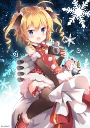  &gt;_o ahoge animal_ears antlers azur_lane black_bow black_thighhighs blonde_hair blue_eyes blush boots bow bow_legwear bowtie camera character_doll christmas commentary_request deer_ears dress drill_hair elbow_gloves fake_facial_hair fake_mustache female fur-trimmed_boots fur-trimmed_dress fur-trimmed_gloves fur-trimmed_legwear fur_collar fur_trim gloves gridley_(azur_lane) gridley_(christmas_photoshoot)_(azur_lane) hairbow heart holly horns looking_at_viewer machinery neck_ribbon niwasane_(saneatsu03) one_eye_closed pink_hair pom_pom_(clothes) red_bow red_bowtie red_dress red_footwear red_ribbon reindeer_antlers ribbon rigging sack santa_costume saratoga_(azur_lane) sitting sitting_on_object sleeveless snowflake_background solo thighhighs twitter_username two_side_up 