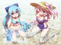  2girls bikini blue_bow blue_eyes blue_hair blush bow breasts cleavage commentary_request flower flower_knight_girl grey_hair hairbow hat hototogisu_(flower_knight_girl) long_hair looking_at_viewer medium_breasts mizunashi_(second_run) multiple_girls navel nerine_(flower_knight_girl) ponytail swimsuit water 