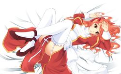  ass bed_sheet brown_eyes commentary_request female garter_straps hair_ornament high_priest_(ragnarok_online) kurohachiboku long_hair looking_at_viewer lying on_back pelvic_curtain ragnarok_online red_hair solo thighhighs white_thighhighs 