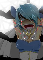  blood blood_from_eyes blue_eyes blue_hair cape commentary_request crazy_eyes extra_arms female hair_over_one_eye magical_girl mahou_shoujo_madoka_magica mahou_shoujo_madoka_magica_(anime) miki_sayaka miki_sayaka_(magical_girl) photoshop_(medium) short_hair smile solo spoilers strapless sugar_sugar 