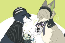  3boys aberu514 ahoge android animal animalization bangs blazer blue_eyes canine checkered_scarf closed_eyes danganronpa female fox frills grey_hair group hair_over_one_eye hat headdress keebo lion maid maid_headdress multiple_boys necktie new_danganronpa_v3 ouma_kokichi power_armor purple_hair robot saihara_shuuichi scarf school_uniform short_hair side_bangs tie toujou_kirumi uniform yellow_eyes 